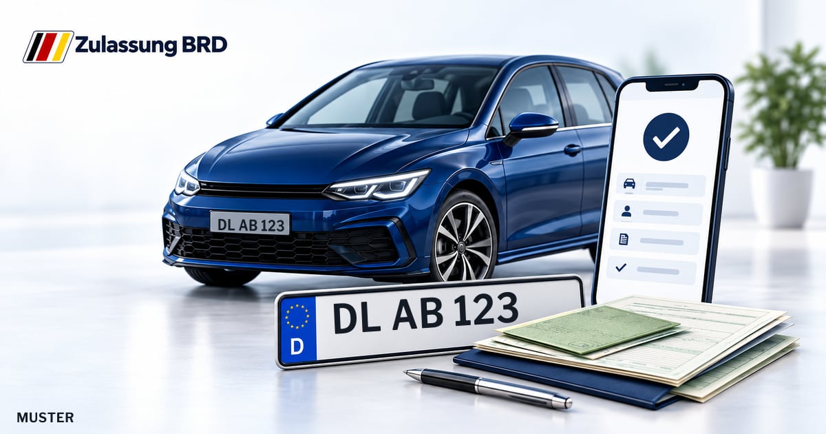 Online Fahrzeugzulassung in Frankenberg/Sa.: Musterkennzeichen DL AB 123, Auto und Fahrzeugpapiere und Smartphone. Illustration mit Logo von Zulassung BRD.